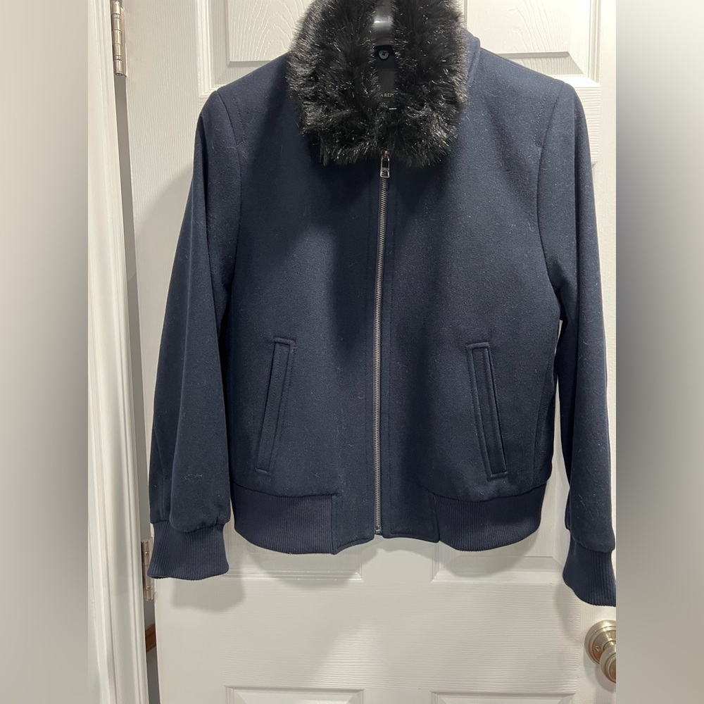 Banana Republic Navy Wool Bomber Jacket w/Detachable Black Faux Fur Collar XL